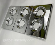 FULL SET of 3 - NEW CHROMED Vintage 39" O'Keefe & Merritt 6 Burner Stove Tops.
 
This is an original set of three from the Classic O'keefe & Merritt 6 Burner Stove - The metal integrity is excellent. Our chrome of course is all Triple Plated (copper, nickel, chrome). These tops are 'like new'. They are absolutely gorgeous. This is the only 6 burner complete set we have at this time. The underside trim (not pictured) that goes on the two outer panels is included. 
 
PANEL MEASUREMENTS:  
LEFT & RIGHT SIDES: Depth 22.0" / Depth at Corners 22-1/2" / Width 13-1/2"
CENTER PANEL: Depth 22.0 x Width 12-1/8"
 
PLEASE NOTICE: The drip wells accommodate the 5 spoke style fat single peg grates, each drip well has the SINGLE PEG HOLE.
 
All of our new chromed parts are Triple Plated (copper, nickel, chrome).
 