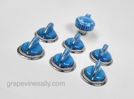 This is a very unique and rare find. We have never had a complete set of blue knobs with four 15" matching handles in such great restorable condition. All pieces are beautifully bright and shiny. We are selling the complete knob set separate from the four 15" handles picture in the last photo. The handles are not included in this listing, they are listed for sale separately; they are pictured for demonstration purposes only. 

This listing includes 6 Vintage O'Keefe & Merritt Stove burner control knobs with attached very nice bright and shiny bezels. Also included is the matching blue Robertshaw oven knob that we have also re-conditioned including re-lettering in white. The entire set is absolutely gorgeous. 

Oven Knob Bezel Stem Length: 1.0"