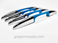 This is a very unique and rare find. We have never had a complete set of four blue 15" handles with matching burner knobs in such great restorable condition. All pieces are beautifully bright and shiny. We are selling the complete blue handle set separate from the seven piece blue knob set picture in the last photo. The blue knob set is not included in this listing, they are listed for sale separately; they are pictured for demonstration purposes only. 

This listing includes 4 vintage 15" blue O'Keefe & Merritt stove oven and broiler drawer handles. All handles have new chromed end caps. All handles have been re-conditioned. No chips or breaks; the entire set is absolutely gorgeous. 