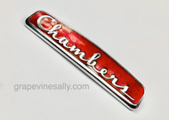 Original Red Vintage Chambers Stove Logo Emblem Badge. Attaching nuts not included. This is a very rare find in such nice used condition.

MEASUREMENT:   Overall Length 5-1/16"   -   Rear Pegs 4.0"  
