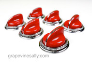 Set of 6 Vintage O'Keefe & Merritt Red Knobs. PLEASE READ FULL DESCRIPTION.

These knobs are ORIGINAL RED bakelite, these are not painted. Original red, black, yellow, blue knobs and handles are extremely rare and hard to find. When you find these you try to preserve them as long as possible. The rear of 3 needed repairs, the top right side of one has a small imperfection the size of a small pin head. It is barely noticeable. The bezel rings are all bright and shiny. We have of course reconditioned the tops, they are gorgeous. This is a very rare find.

THIS SET INCLUDES: 6 - O'Keefe & Merritt Vintage Red Stove Burner Control Knobs w/ Chromed Bezels Rings

O'Keefe & Merritt vintage red & black 15" & 12" handles are also available, see 'O'Keefe & Merritt Stoves' category > 'Handles'
