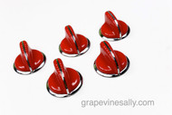 Set of 5 Vintage Wedgewood Flush Mount Red Knobs.

These knobs are ORIGINAL RED bakelite, these are not painted. Original red, black, yellow, blue knobs and handles are extremely rare and hard to find. When you find these you try to preserve them as long as possible. The bezel rings are all bright and shiny. We have of course reconditioned these knobs, they are gorgeous. This is a very rare find.

THIS SET INCLUDES: Set of 5 Original Vintage Red Stove Burner Control Knobs w/ Chromed Bezels Rings

Red & Black handle trim available in store. 
