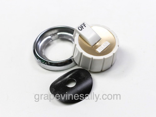 Limited Supply. Late 50's, early 60's O'Keefe & Merritt vintage stove white burner control knob w/ chrome bezel ring & tension washer. This knob is in very nice used condition - no cracks or chips. The bezel is bright and shiny - the black tension washer is included.