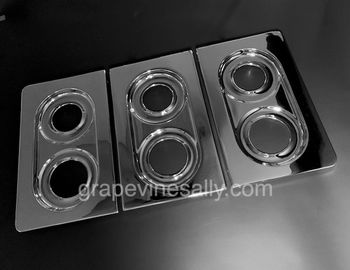 FULL SET of 3 - NEW CHROMED Vintage 40" Wedgewood 6 Burner Stove Tops. These are gorgeous.
 
This is an original set of three from the Vintage 1940's-50's 6 Burner Wedgewood Stove - This is an extremely high quality set. The metal integrity is excellent. Our chrome of course is all Triple Plated (copper, nickel, chrome). These tops are 'like new'. They are absolutely gorgeous. This is the only 6 burner set we have at this time for the 40" Wedgewood stoves. PLEASE NOTE: this the style where the two outer panels have the 1/4 rounded corners. 
 
PANEL MEASUREMENTS:  
Two Outer Panels: Length 20-1/2"  /  Width 12-1/4" /  Center Panel: 20-1/2" x 12-1/4"
 
All of our new chromed parts are Triple Plated (copper, nickel, chrome).
 
Call with any questions.
 
