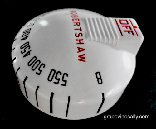 Original Reconditioned Vintage Robertshaw Classic Oven Gas Control Knob with Spring & New Chromed Bezel Ring. There are no cracks or stains - we have re-lettered this oven knob in Red and Black. The chromed bezel is also lettered. We are only doing two with the red. This sale includes the knob, spring and a new chromed bezel ring. Works with the original vintage Robertshaw Model BJ thermostats and found on vintage Wedgewood, O'Keefe & Merritt, and other stove manufacturers during the 1940's - 50's. This knob is as close to new as you'll find in an original used part.

These look especially nice on stoves with red burner knobs - the small bit of red adds a nice detail on all whites stoves. 

PLEASE NOTICE: The rear of ring 'sleeve' is 1/8" and the rear knob brass stem is 1.5" (from insert point to the end of stem).

