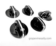 NEW Set of 5 Vintage Style Flush Mount Reproduction Knobs w/ Rear Standard 'D'. These will fit most vintage 40's-50's stoves with the standard 'D' valve stem.

Please notice, 1 of these knobs has a slightly larger diameter. Please be sure the wider diameter will work on your stove. All knobs are bright and shiny. 

MEASUREMENTS: Rear Diameter of 4 Knobs: 1-5/8"    Single Wider Knob Diameter: 2.0"

Call with any questions.