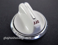 Re-Conditioned Original Vintage O'Keefe & Merritt Stove Gas Control Knob with a Chrome Bezel Ring. There are no cracks, chips or stains - the rear "D" is in excellent condition. The top of knob 'OFF' has been re-lettered. The bezel ring reads:  < "ON   "OFF" > .