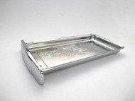 NEW CHROME Center Griddle Grease Drip Tray. This is the thin indented pull style. Fits the vintage 1940's-1950's Wedgewood Gas Stoves. The metal integrity is excellent. MEASUREMENTS (does not incl. the handle pull) 8-3/4" x 4-7/8"