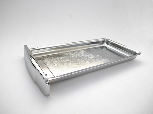 NEW CHROME Center Griddle Grease Drip Tray. This is the thin indented pull style. Fits the vintage 1940's-1950's Wedgewood Gas Stoves. The metal integrity is excellent. MEASUREMENTS (does not incl. the handle pull) 8-3/4" x 4-7/8"