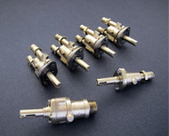 6 Original Vintage Wedgewood, O'Keefe & Merritt Gas Burner Control Valves  -  Set Includes: 4 gas burner valves + 1 center griddle valve + 1 Broiler. Our valves are re-conditioned, the stems all turn smoothly and the threads are in good condition. MEASUREMENTS: 2 Orifice Holes - 3/4" on center  /  Outside to Outside - 1-1/8"

THESE VALVES ARE USED - Please note, we recommend you have a certified professional or company with experience in this area inspect these parts prior to installation. 