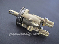 O'Keefe & Merritt, Wedgewood Original Gas Burner Control Valve. Our valves are all re-greased, the stem turns smoothly and the threads are in good condition. MEASUREMENTS: 2 Orifice Holes - 3/4" on center  /  Outside to Outside - 1-1/8"

THIS VALVE IS USED. Please note, we recommend you have a certified professional or company with experience in this area inspect these parts prior to installation. 