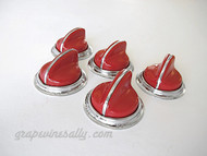 5 Classic Vintage RED O'Keefe & Merritt Gas Stove Control Knobs with Chrome Bezel Rings. These knobs fits the vintage 1940's-1950's O'Keefe & Merritt gas stoves. There are no cracks, chips in the plastic/bakelite, all rear "D's" are in very good shape. All knobs have a brilliant red shine - extremely rare. 

THIS SET INCLUDES: 5 - O'Keefe & Merritt Vintage Red Stove Burner Control Knobs with Chrome Bezel Rings

Matching O'Keefe & Merritt vintage red 15" & 12" handles are also available, see 'O'Keefe & Merritt Stoves' category > 'Handles'