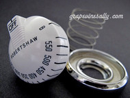 Original Re-conditioned Vintage Robertshaw Classic Oven Gas Control Knob with Spring and Chrome Ring. We have re-conditioned this vintage Robertshaw oven knob. There are no cracks or stains - this knob has been re-lettered. This sale includes the knob, a chrome ring, and the spring. Works with the original vintage Robertshaw Model BJ thermostats.

PLEASE NOTICE: The rear of ring 'sleeve' and the full length of this knob stem is 1-1/2" 