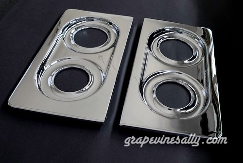 Original 36" Vintage 1940's-50's Wedgewood NEW CHROMED Stove Tops. These fit the vintage 36" wide Wedgewood stoves. This set has the round outer corners - they sit within the stove top frame that surrounds the entire stove top. (available in store at this time) The last photo shows these tops with a new porcelain enamel grates - The grates pictured are not included, they are for demonstration purposes only.

All of our new chromed parts are all Triple Plated (copper, nickel, chrome)

MEASUREMENTS: Length 20-3/8" / Width 11.0" - Grate Insets: Length 16-7/8" / Width 8-1/8" / Round Burner Holes: rear 4.25" front 4.75"