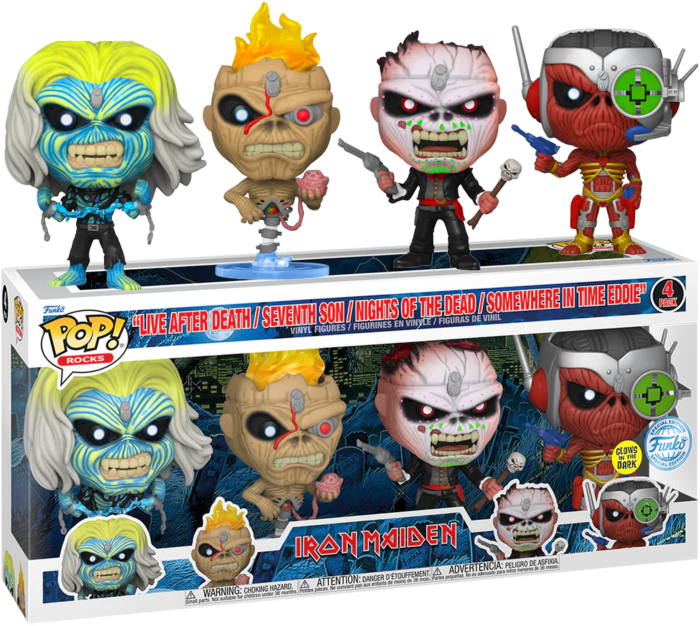 Iron Maiden Eddie Glow/Eddie in the Dark Pop! Vinyl Figure 4Pack.