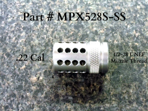 These compensators are ¾” in diameter and weigh 1.5 oz. They have 32 inline vent holes and will fit any .22 caliber rimfire ½-28 x .400 threaded barrels.
