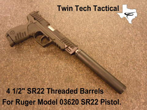 Twin Tech Tactical threaded barrels for Ruger SR22 4 1/2" pistol model # 03620.
Suppressor for illustration and is not included.