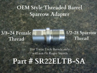 This adapter is for our standard length OEM style threaded barrel, part # (SR22TB-OEM). This adapter is designed for the (Silencerco Sparrow) suppressor. This adapter allows you to utilize the O-ring feature on the sparrow suppressor that creates a better adapter to  suppressor seal. If you don’t have a Sparrow suppressor, our standard 1/2"-28 TPI x.400" part # (SR22ELTBA) adapter is recommended.
Note: this adapter is for Twin Tech Tactical barrel (SR22TB-OEM) only and will not work with Ruger factory threaded barrels.