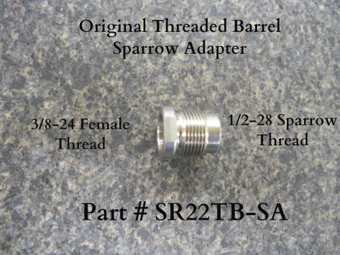 This is a (Silenceco Sparrow) style adapter for our original threaded barrel. It allows you to utilize the O-ring feature on the (Silencerco Sparrow Suppressor) that creates a better adapter to (Sparrow Suppressor) seal. 
This adapter is for our (long) threaded barrels, part # (SR22TB) and (SR22TB5.1) only. If you don’t have a Sparrow suppressor, our standard  1/2"-28 TPI x.400" part # (SR22TBA) adapter is recommended.
Note: This adapter will not work on our slide length (short) style barrels:  Part # (SR22TB-OEM) and (SR22TB4.65)