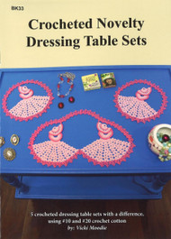 Picture of front cover of Craft Moods book BK33 Crocheted Novelty Dressing  Table Sets showing designs for Lady in Pink, Butterflies, Swans, Pansy Basket and Irish Rose and Leaf, by Vicki Moodie.