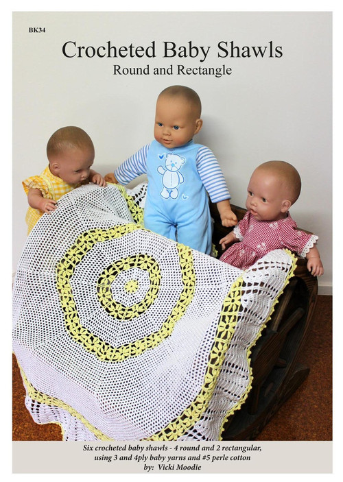 Front cover Australian Craft Moods book BK34, Crocheted Baby Shawls - Round and Rectangle, by Vicki Moodie, six crocheted baby shawls, 4 round and 2 rectangular, using 3 and 4ply baby yarn and #5 perle cotton.