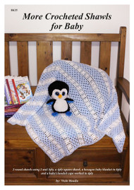 Front cover of Australian Craft Moods book, BK35 (A4) More Crocheted Shawls for Baby, by Vicki Moodie, 2 round shawls using 2 and 3ply, a 4ply square shawl, a hexagon baby blanket in 8ply and a baby's hooded carrying cape worked in 4ply
