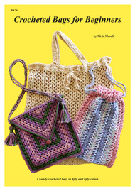 Front cover of Craft Moods book BK36 (A4) Crocheted Bags for Beginners, by Vicki Moodie, 8 handy crocheted bags in 4ply and 8ply cotton (2 broomstick crochet and 1 hairpin crochet projects).