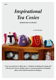 Front cover of Craft Moods publication BK44 (A4), Inspirational Tea Cosies, by Vicki Moodie, 6 tea cosy patterns in 8ply yarn - 2 knitted, including the lupin and roll-up your sleeves designs, plus 4 crocheted patterns including daisy wheel and broomstick techniques.