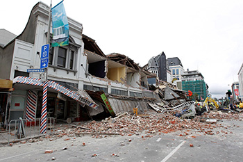 A shop front collapsed in the earthquake in Christchurch