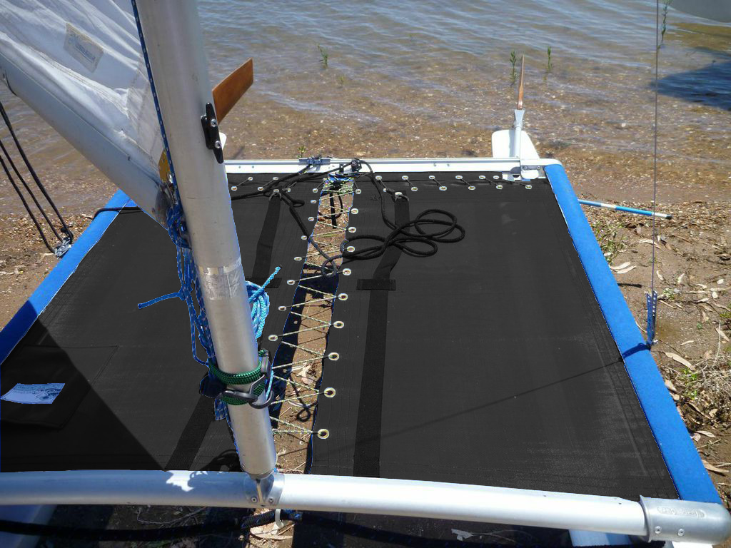 Black Mesh 3pc Trampoline to fit a Hobie 3.5 catamaran made in the USA by SLO Sail and Canvas. 12” X 12” Halyard pocket, included. 