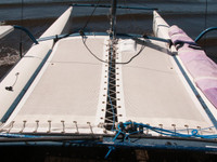 3pc Trampoline to fit a Hobie® 17 catamaran made in America by skilled artisans at SLO Sail and Canvas. Shown in Ferrari Precontraint 392 white.