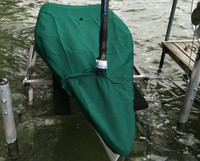 RS Aero Sailboat Mast Up Flat Cover made in America by skilled artisans at SLO Sail and Canvas. Cover shown in Sunbrella Forest Green. Available in 3 fabrics and many color choices. Web Loop allows you to “tent” your cover up to prevent pooling of water. 1/4" shockcord is built into cover to secure your cover tightly around the boat's rubrail. Webbing loops are sewn around the perimeter of our top covers allowing your cover to be tied to your boat. All of our covers are patterned from the actual boats they are designed to fit. This make for a better, higher quality product.


