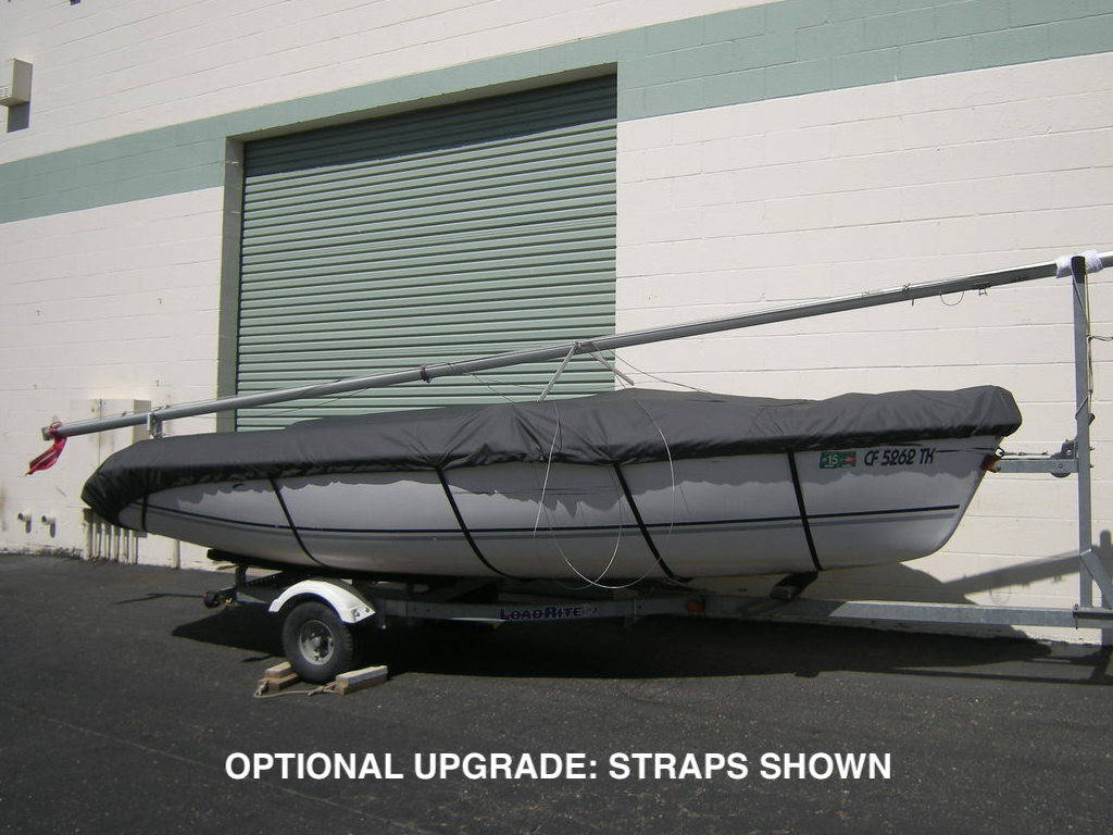 Hunter 170 sailboat Deck Cover by SLO Sail and Canvas. Shown in Polyester Charcoal Gray. 