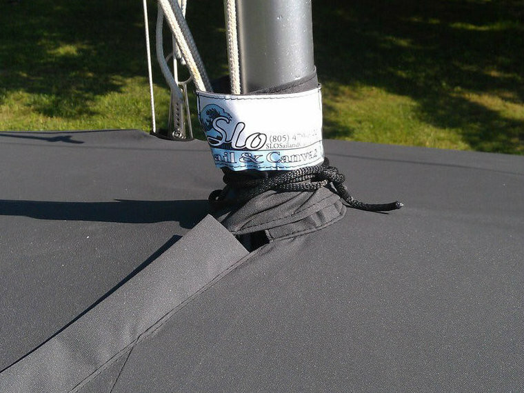 Sailboat Mast Up Flat Mooring Cover by SLO Sail and Canvas. A mast collar and perfectly placed shroud cutouts fit tightly around your boat’s rigging.