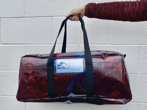 Sailcloth Duffel Bag Medium - Limited Edition. Made in the USA by SLO Sail and Canvas with upcycled Dimension Polyant injection laminated sailcloth. Shown in purple.