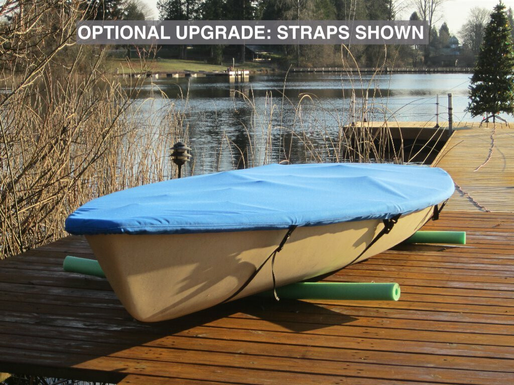 Sailboat Top Cover by SLO Sail and Canvas. 1/4" shockcord is built into cover to secure your cover tightly around the boat's rubrail. Shown with Optional Upgrade: Straps - Standard Web Loops are replaced with polypropylene straps with plastic Fastex buckles.

