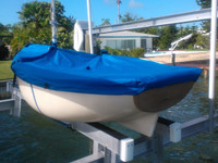 Sailboat Mooring Cover made in America by skilled artisans at SLO Sail and Canvas. Cover shown in Polyester Royal Blue. Available in 3 fabrics and many color choices.
