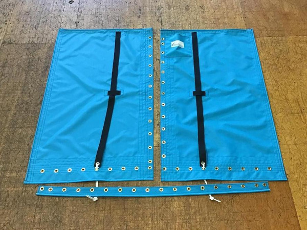 3pc Trampoline to fit a Hobie 14 made in America by skilled artisans at SLO Sail and Canvas. Hand pounded #4 brass spur grommets. Adjustable hiking straps made of 2” polypropylene webbing. 12” X 12” Halyard pocket, included. Built-in aft line catcher, included. 

