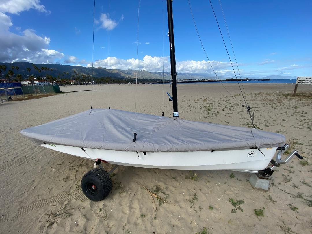 RS Feva Sailboat Mast Up Flat Mooring Cover made in America by skilled artisans at SLO Sail and Canvas.
