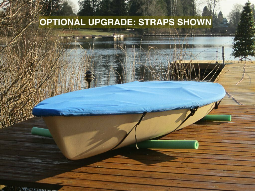 Optional Upgrade: Straps with Urethane Fastex Buckles shown. Straps replace the standard sewn webbing loops to which you can tie your own cordage under the hull to better secure your boat cover. 