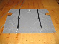 Side Loop Trampoline to fit a Prindle 15 (with ports) catamaran made in America by skilled artisans at SLO Sail and Canvas. 12” X 12” Halyard pocket, included. Adjustable hiking straps made of 3” Polypropylene webbing. Hand pounded #4 brass spur grommets.

