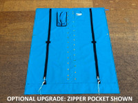 Nacra 5.8 catamaran trampoline with center lace. Made in America by skilled artisans at SLO Sail and Canvas. Adjustable hiking straps made of 3” Polypropylene webbing. Built-in aft line catcher, included. Hand pounded #4 brass spur grommets. 12” X 12” halyard pocket, included. 