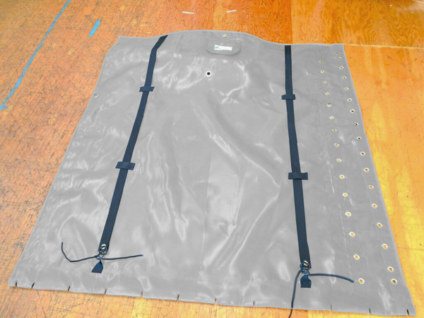 Side Lace Trampoline to fit a Nacra 570 catamaran made in America by skilled artisans at SLO Sail and Canvas. Hand pounded #4 brass spur grommets. Adjustable hiking straps made of 3” Polypropylene webbing. Submerged pocket, included. 