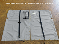 Venture 15 Banana Hull catamaran 2pc trampoline - made by SLO Sail and Canvas in San Luis Obispo California USA. Hand pounded #4 brass spur grommets. Adjustable hiking straps made of 3” Polypropylene webbing. 12” X 12” halyard pocket, included. Optional Upgrade: Zipper Pocket (shown). 