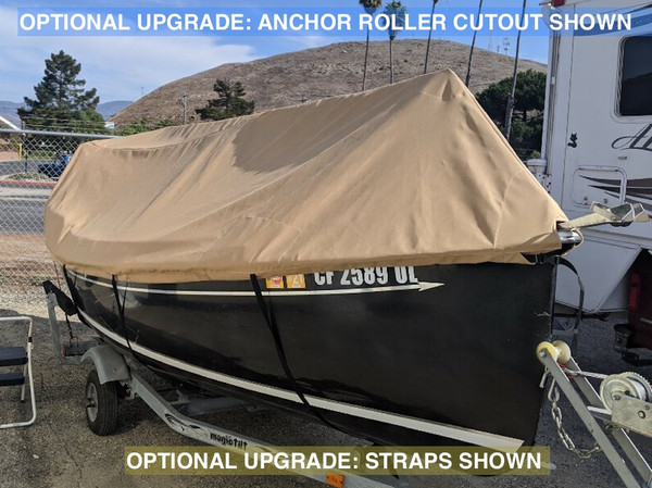 Picnic Cat by Com-Pac Yachts Sailboat Over Mast Top Deck Cover made in America by skilled artisans at SLO Sail and Canvas. Optional Upgrade: Anchor Roller Cutout shown in pic. 
