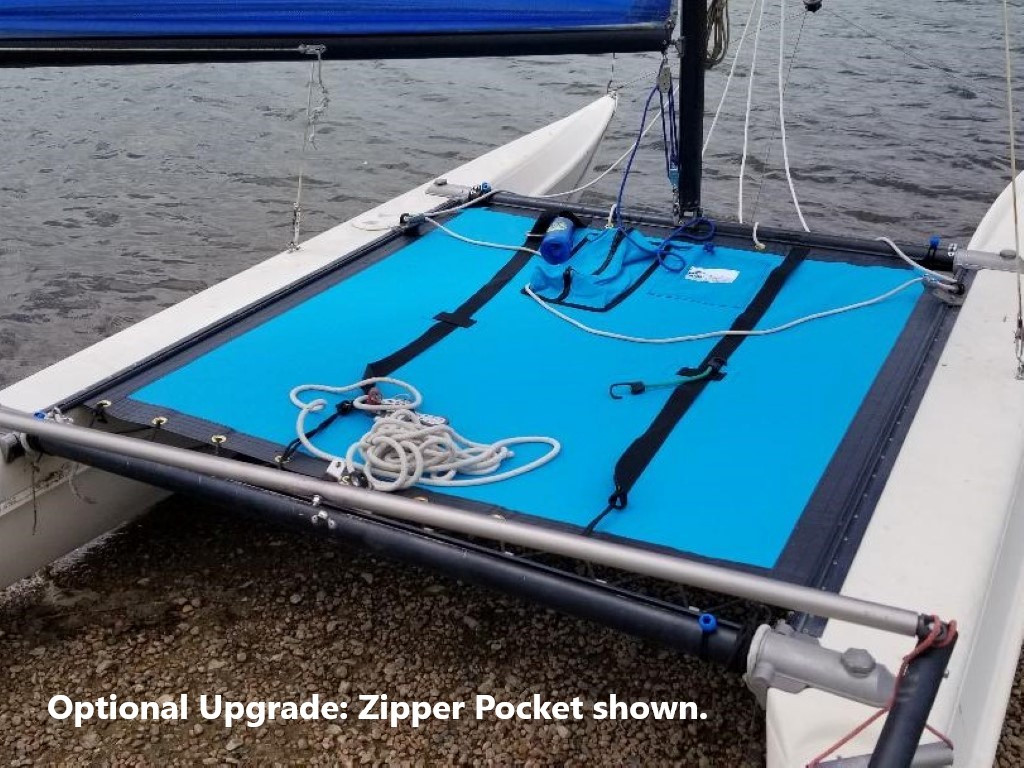 Trac 14 Bias Cut catamaran trampoline - made in America by skilled artisans at SLO Sail and Canvas. Hand pounded #4 brass spur grommets. Adjustable hiking straps made of 3” Polypropylene webbing. Shown in Textilene 90 Lake Blue Mesh - with optional zipper pocket shown.