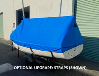 Capri 14.2 by Catalina Mast Up Tented Mooring Cover by SLO Sail and Canvas. Shown in Top Gun Carribean Blue, with optional "straps with fastex buckles." Our mast up tented covers feature forestay, shrouds, topping lift, and mast cutouts. A durable #10 zipper and plastic zipper car (with UV protective flap) will withstand the elements for years and years. Sturdy shock cord is sewn into the perimeter of the cover to secure the cover to your boat. 