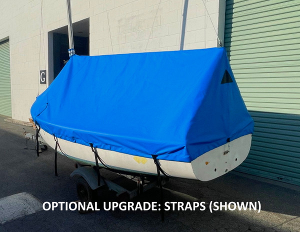 Capri 14.2 by Catalina Mast Up Tented Mooring Cover by SLO Sail and Canvas. Shown in Top Gun Carribean Blue, with optional "straps with fastex buckles." Our mast up tented covers feature forestay, shrouds, topping lift, and mast cutouts. A durable #10 zipper and plastic zipper car (with UV protective flap) will withstand the elements for years and years. Sturdy shock cord is sewn into the perimeter of the cover to secure the cover to your boat. 