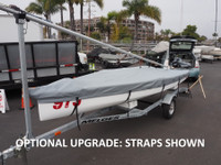 Top Deck boat cover to perfectly fit a Melges 15 sailboat. Shown in Top Gun Sea Gull Grey fabric with optional add-on: tie-down adjustable straps with Fastex buckles. 