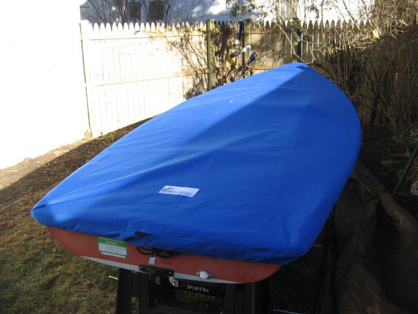 Sailboat Hull Cover made in America by skilled artisans at SLO Sail and Canvas. Cover shown in Polyester Royal Blue. Available in 3 fabrics and many color choices.

